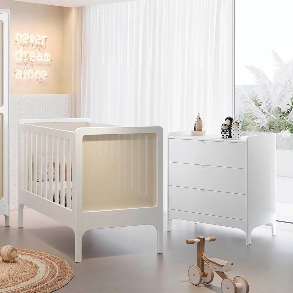 Kit Quarto Infantil Brisa Branco Fosco - Berço e Cômoda 3 gavetas