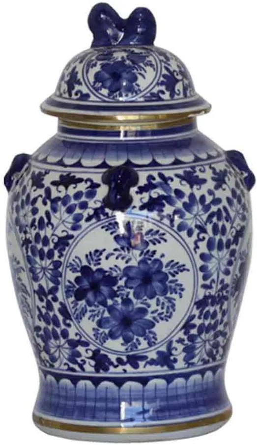Pote em Porcelana Thai com Tampa Floral Azul e Branco P D22cm x A37cm