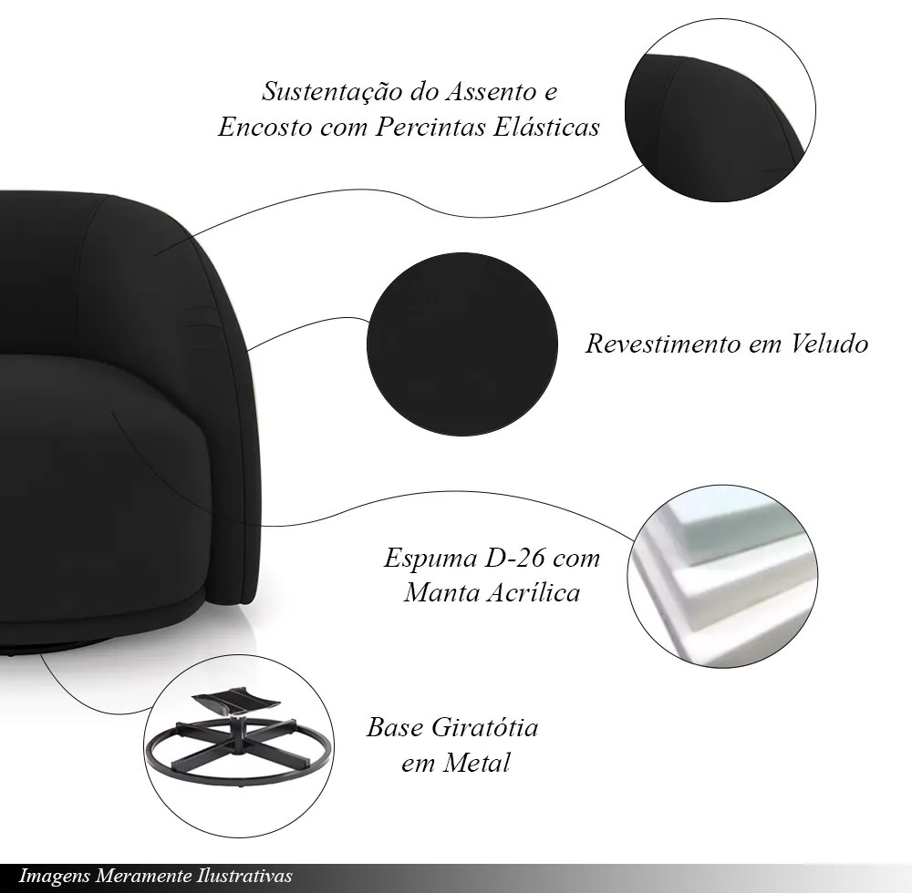 Kit 2 Poltronas Decorativas Jenny Base Giratória em Metal Preto Veludo Preto G45 - Gran Belo