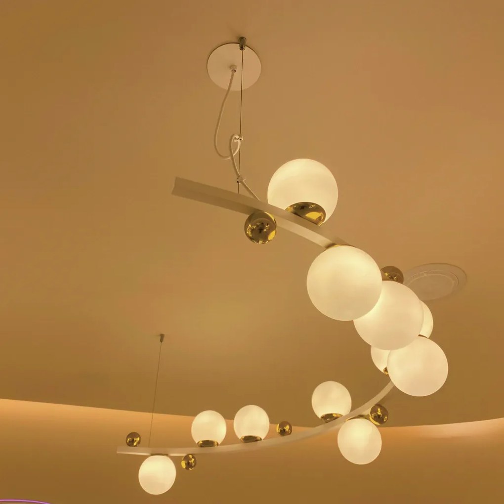 Pendente Aliança Metá 24X130X65Cm Globo 10Cm 11Xg9 - Usina 90000/11 (BT / CB-P - Branco Texturizado / Cobre Brilho Polido, Branco (Fosco))