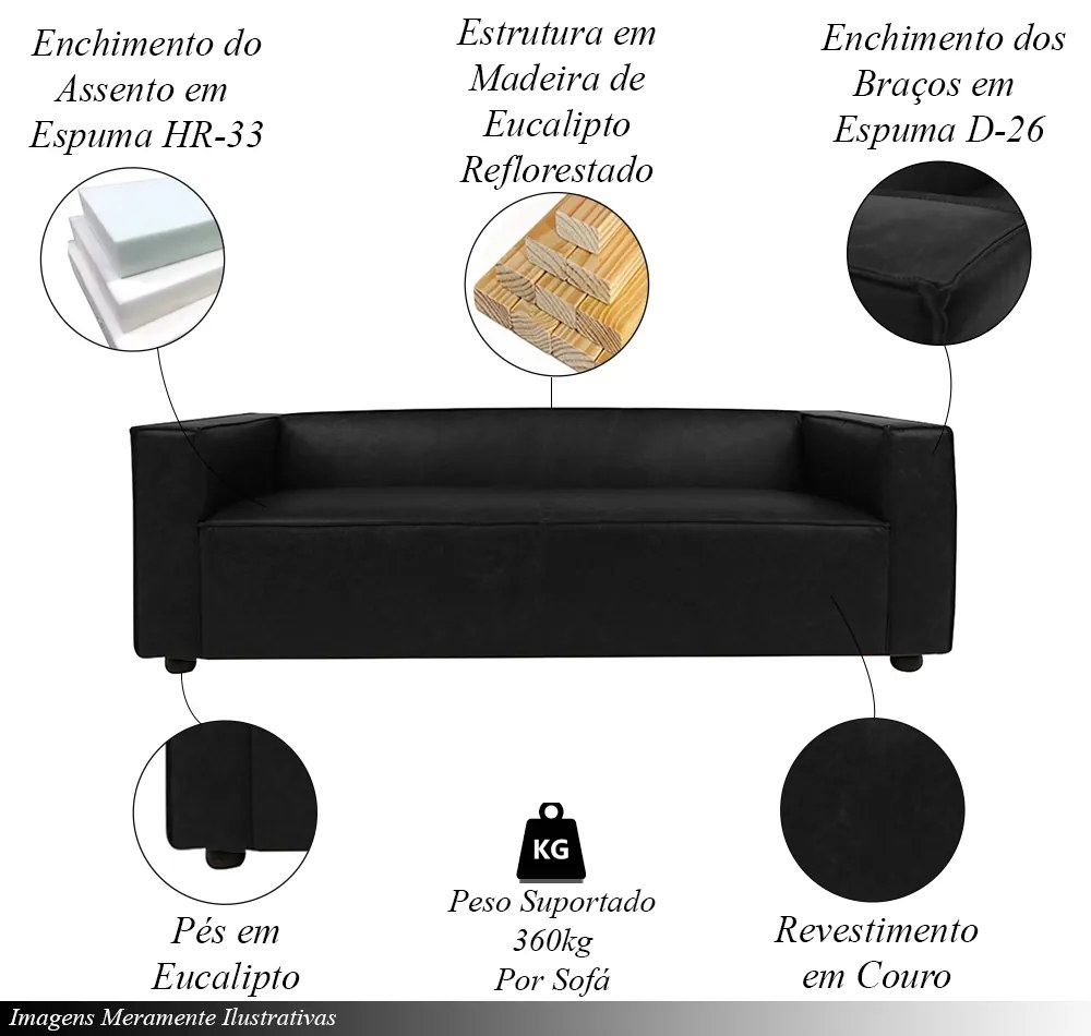 Sofá Decorativo Ryan 3 Lugares Sala de estar 220cm Couro Preto Manchado G40 - Gran Belo