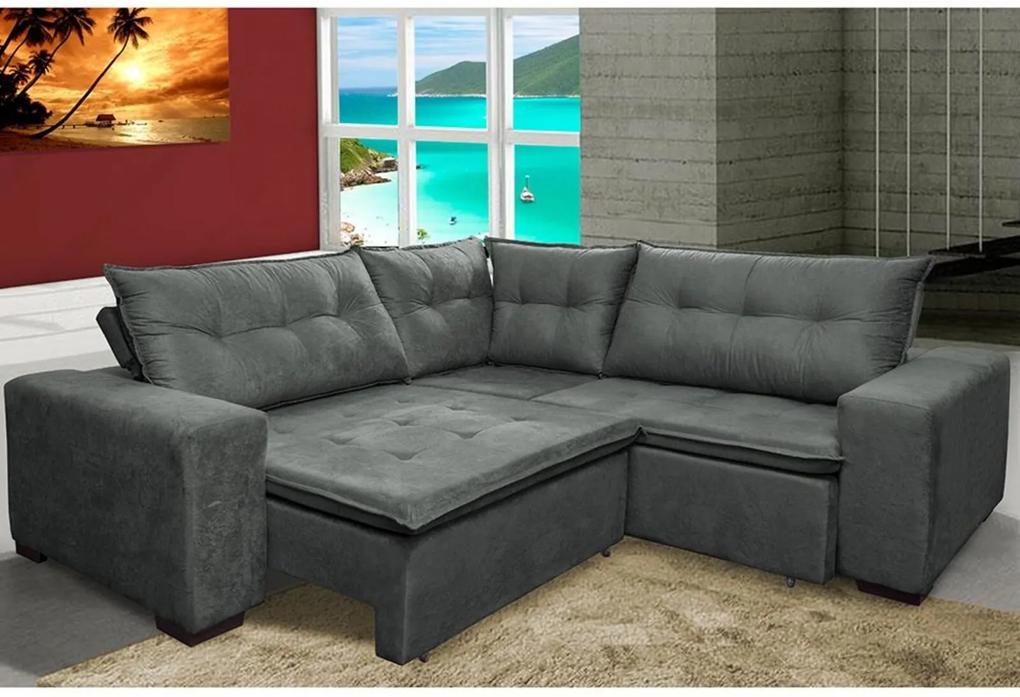 Sofa de Canto Retrátil e Reclinável com Molas Cama inBox Oklahoma 2,20m x 2,20m Suede Velusoft Cinza