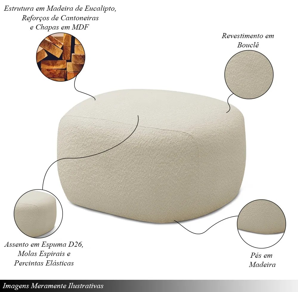 Puff Decorativo Charlote Sala de Estar Pés em Madeira Bouclê Bege G88 - Gran Belo