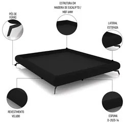 Cama Queen Base Box 158x198cm Pés de Ferro Cold P02 Veludo Preto - Mpo