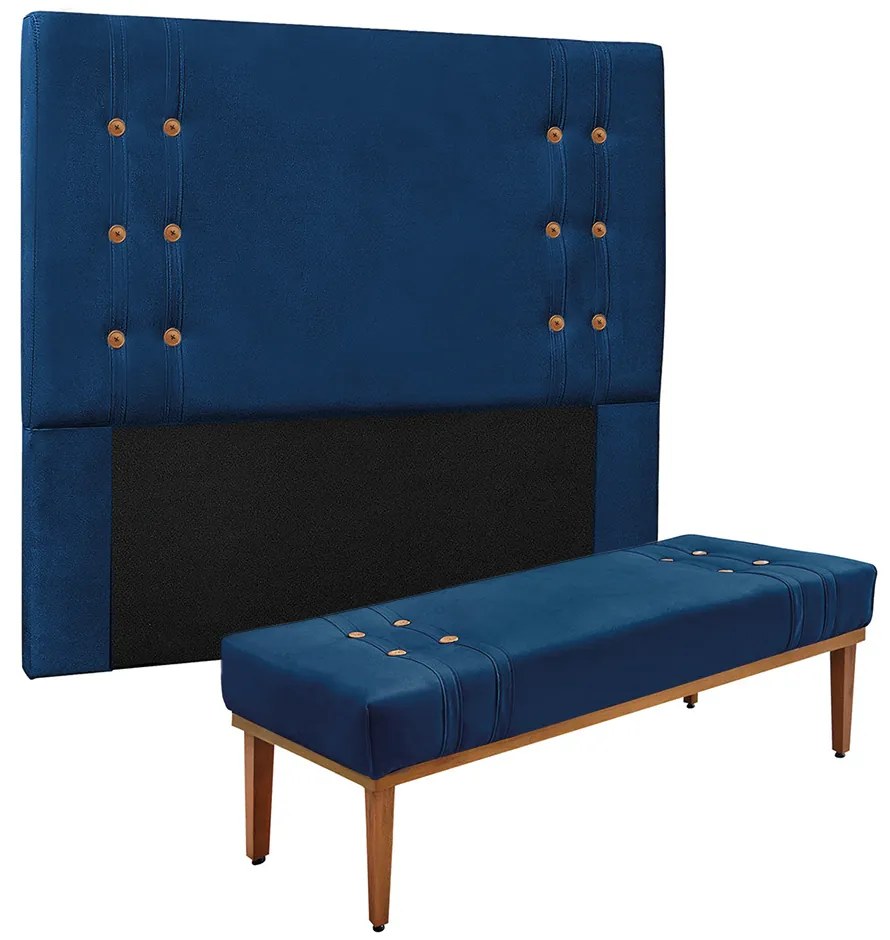 Cabeceira Cama Box Solteiro 90cm e Recamier Gênova Suede Azul Marinho S04 - D'Rossi
