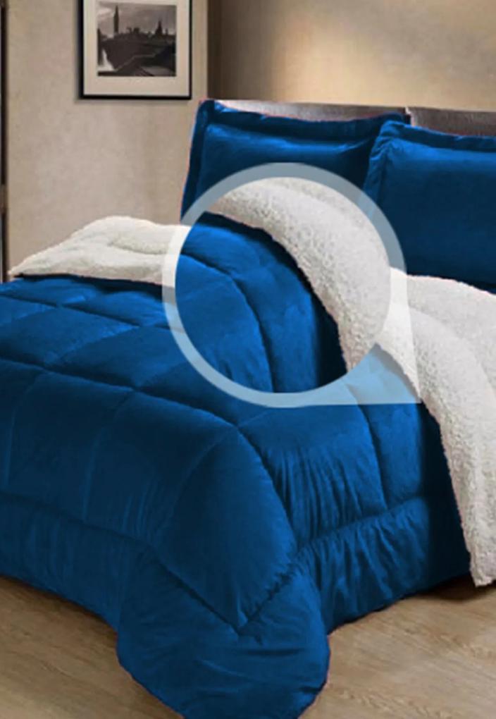 Cobertor Sherpa 2 em 1 Tipo Pele de Carneiro Casal Queen Anti-Frio Azul Cotex