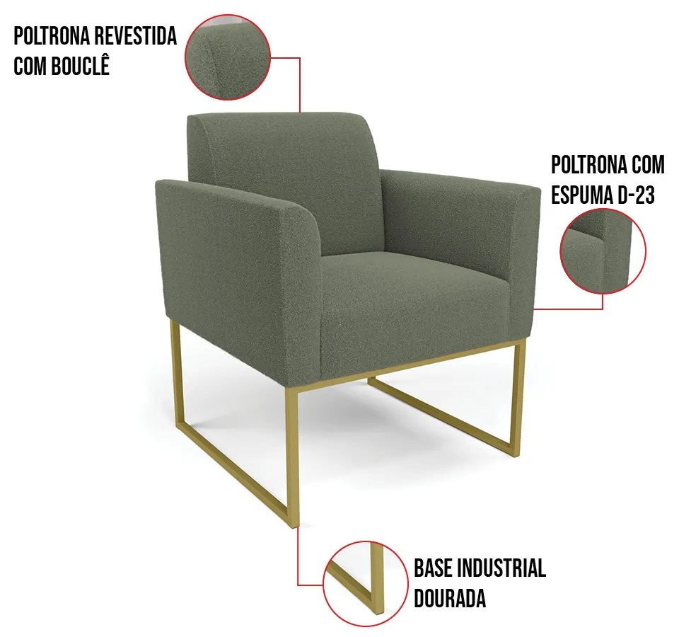 Namoradeira e 2 Poltronas Industrial Dourado Marisa Bouclê D03 - D'Rossi - Pistache