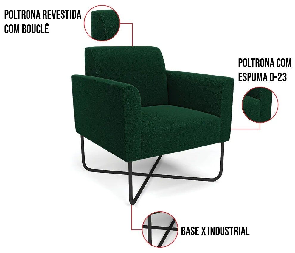 Poltrona Sala Base X Industrial Preto Kit 2 Marisa Bouclê D03 - D'Rossi - Verde