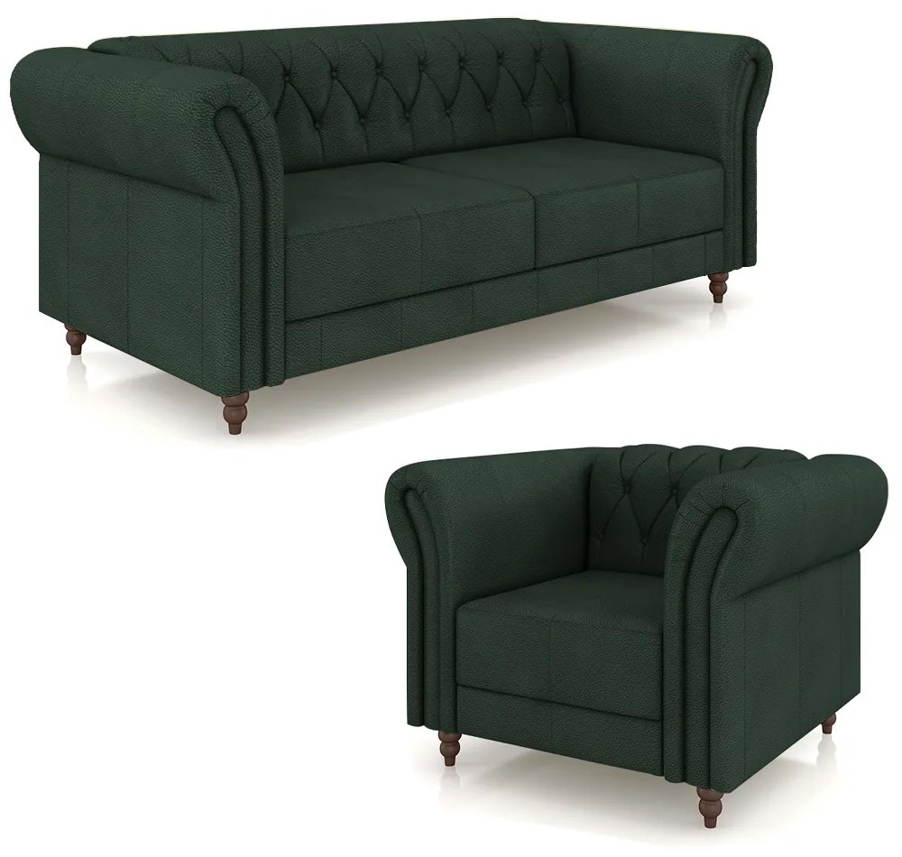 Conjunto Sala de Estar 1 Sofá Living 200cm e 1 Poltrona Stanford Chesterfield Pés Madeira Couro Verde G58 - Gran Belo