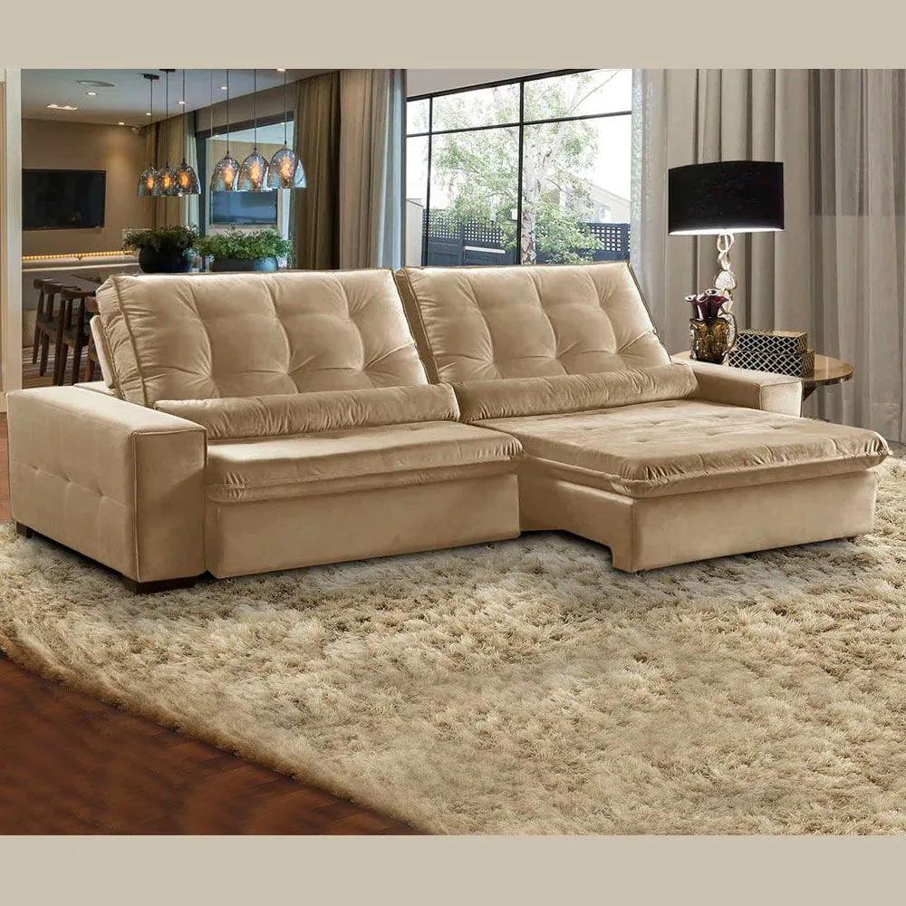 Sofá 4 Lugares Retrátil e Reclinável Assento Pillow 270x180 cm Confort Veludo Bege- MegaSul