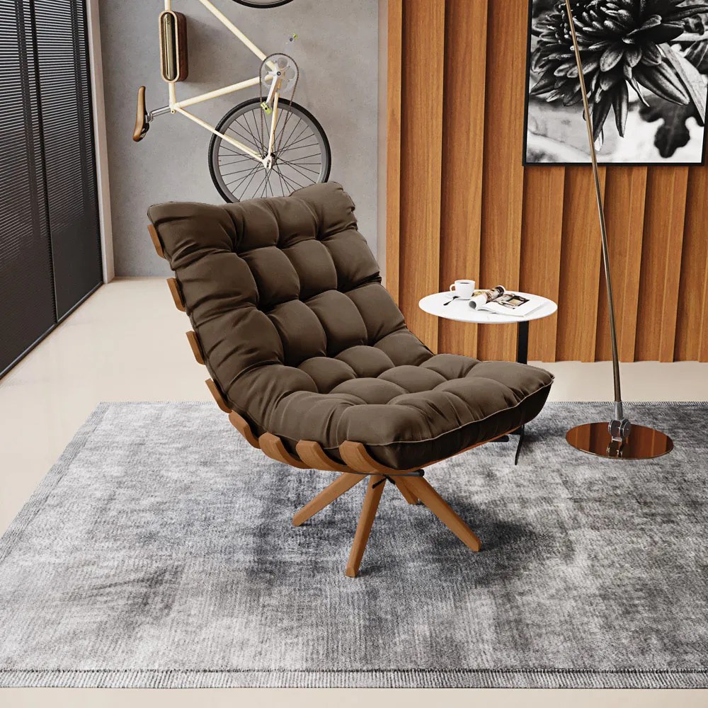 Poltrona Giratoria Costela Kit 2 Suede Marrom Base de Madeira MA30 M11 - D'Rossi
