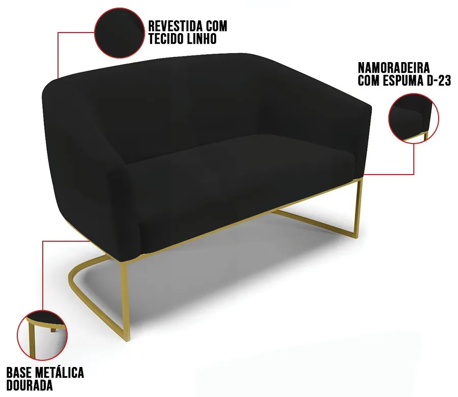 Sofá 2 Lugares Namoradeira Industrial Dourado Stella Linho D03 - D'Rossi - A79 Preto