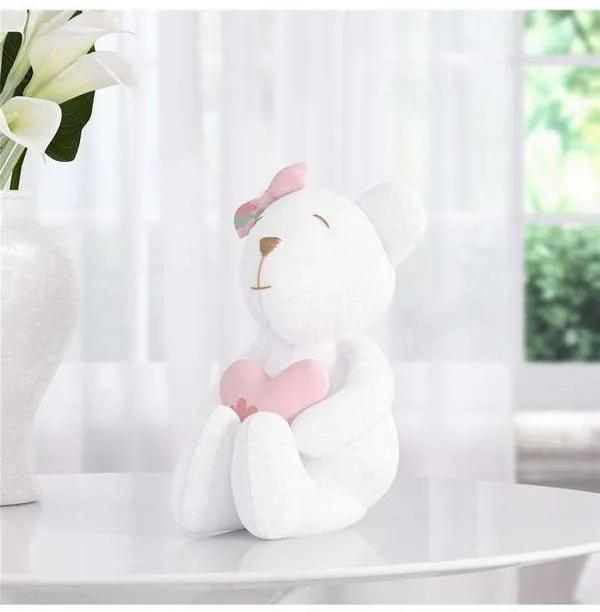Urso Branco com Coração e Laço Rosa 15cm Grão de G