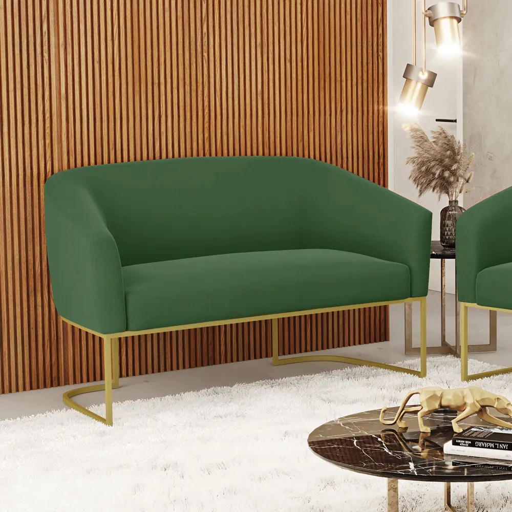 Sofá 2 Lugares Namoradeira Industrial Dourado Stella Suede D03 - D'Rossi - Verde