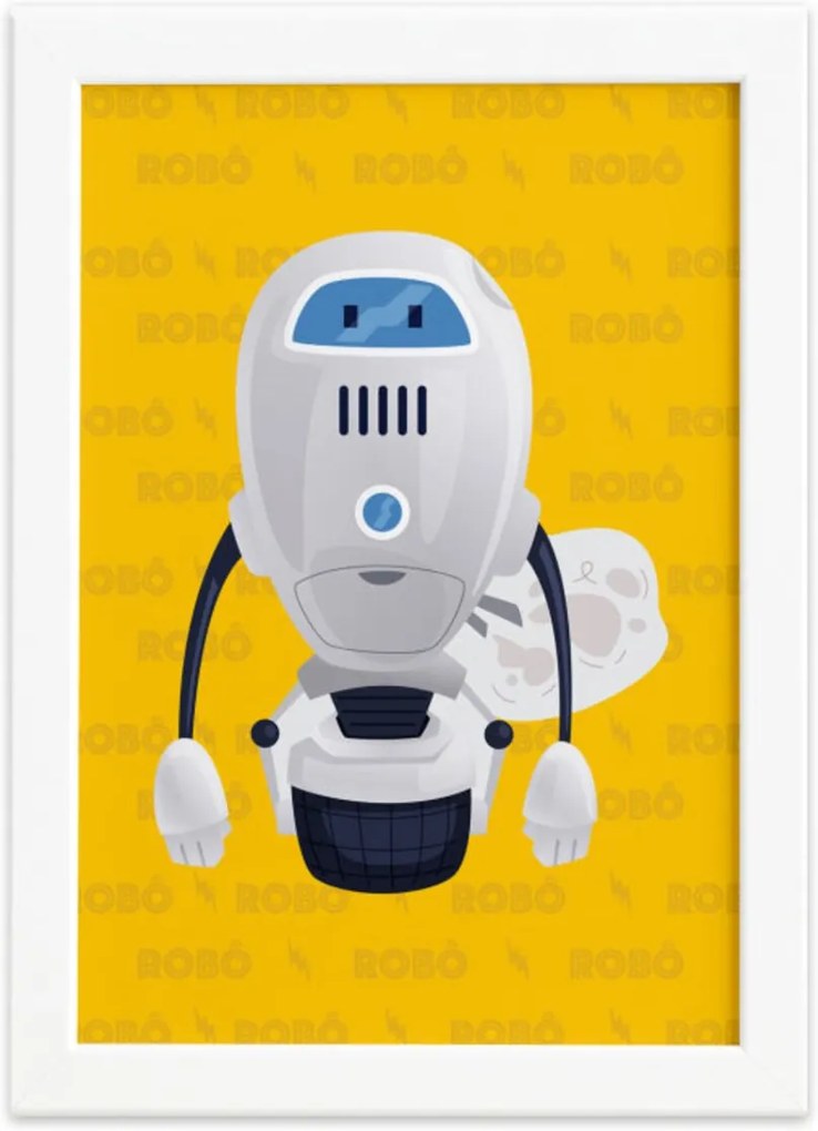 Quadro Infantil Robô Amarelo Moldura Branca 22x32cm