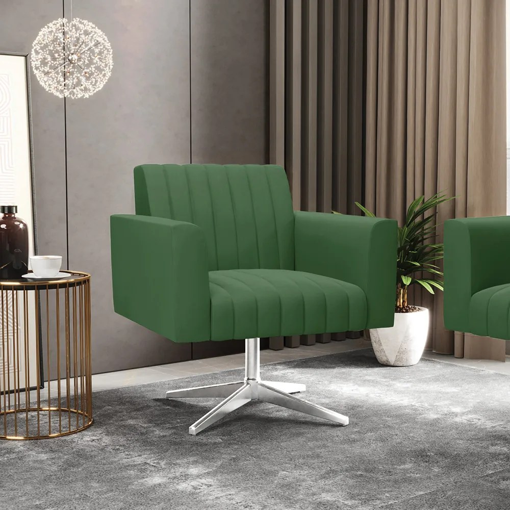 Poltrona Giratória Viena Gomada Suede Base Cromada - D'Rossi - Verde