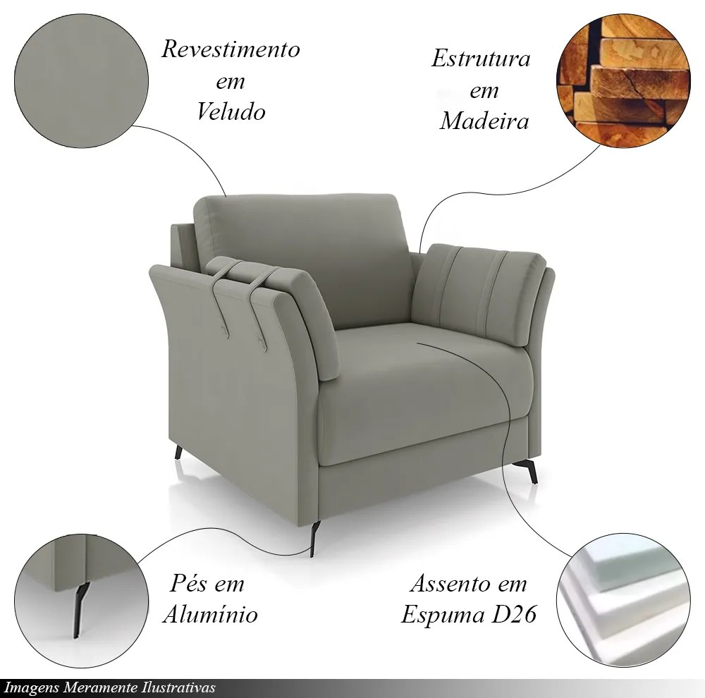 Kit 2 Poltronas Decorativas Violet Pés em Alumínio Preto Veludo Cinza G45 - Gran Belo