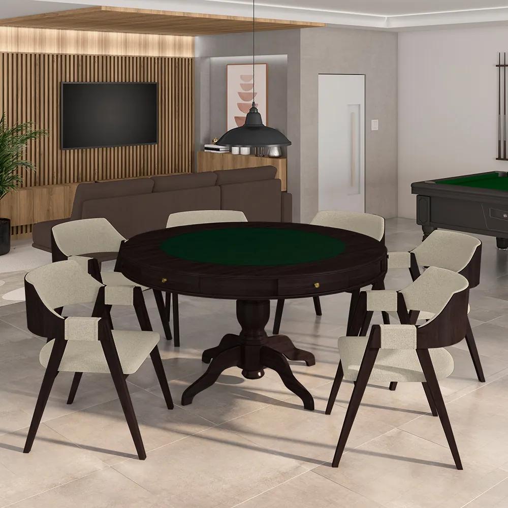 Conjunto Mesa de Jogos Carteado Bellagio Tampo Reversível Verde e 6 Cadeiras Madeira Poker Base Estrela Linho OffWhite/Tabaco G42 - Gran Belo
