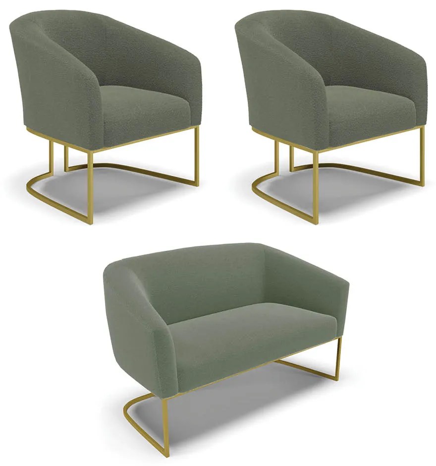 Namoradeira e 2 Poltronas Industrial Dourado Stella Bouclê Verde Pistache D03 - D'Rossi