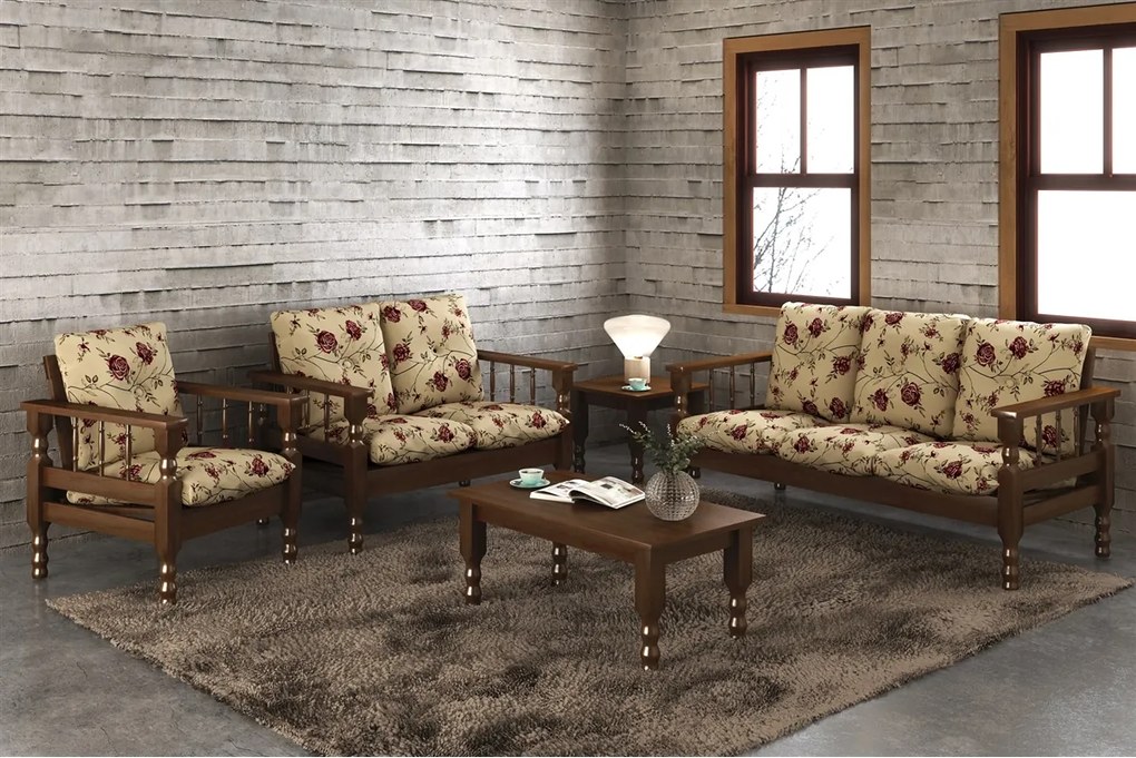 Conjunto de Estofados de Madeira Maciça com 3, 2 e 1 Lugares com 1 Mesa de Centro e 1 Mesa de Canto Belini