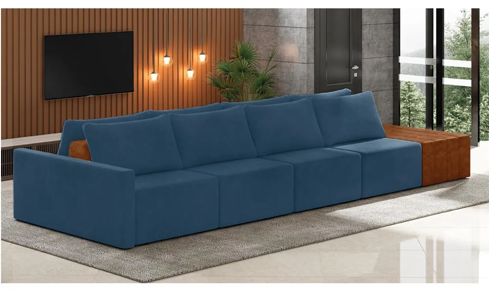 Sofá Ilha 4 Lugares Living 432cm Modulado para Sala Lary Veludo K01 - D'Rossi - Azul Marinho