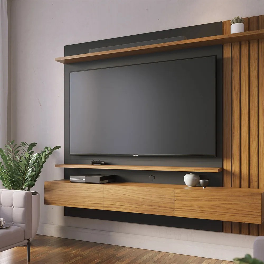 Painel TV 70 Pol 180cm Bancada Suspensa Ripado Luca C04 - D'Rossi - Noce Milano/Preto Fosco