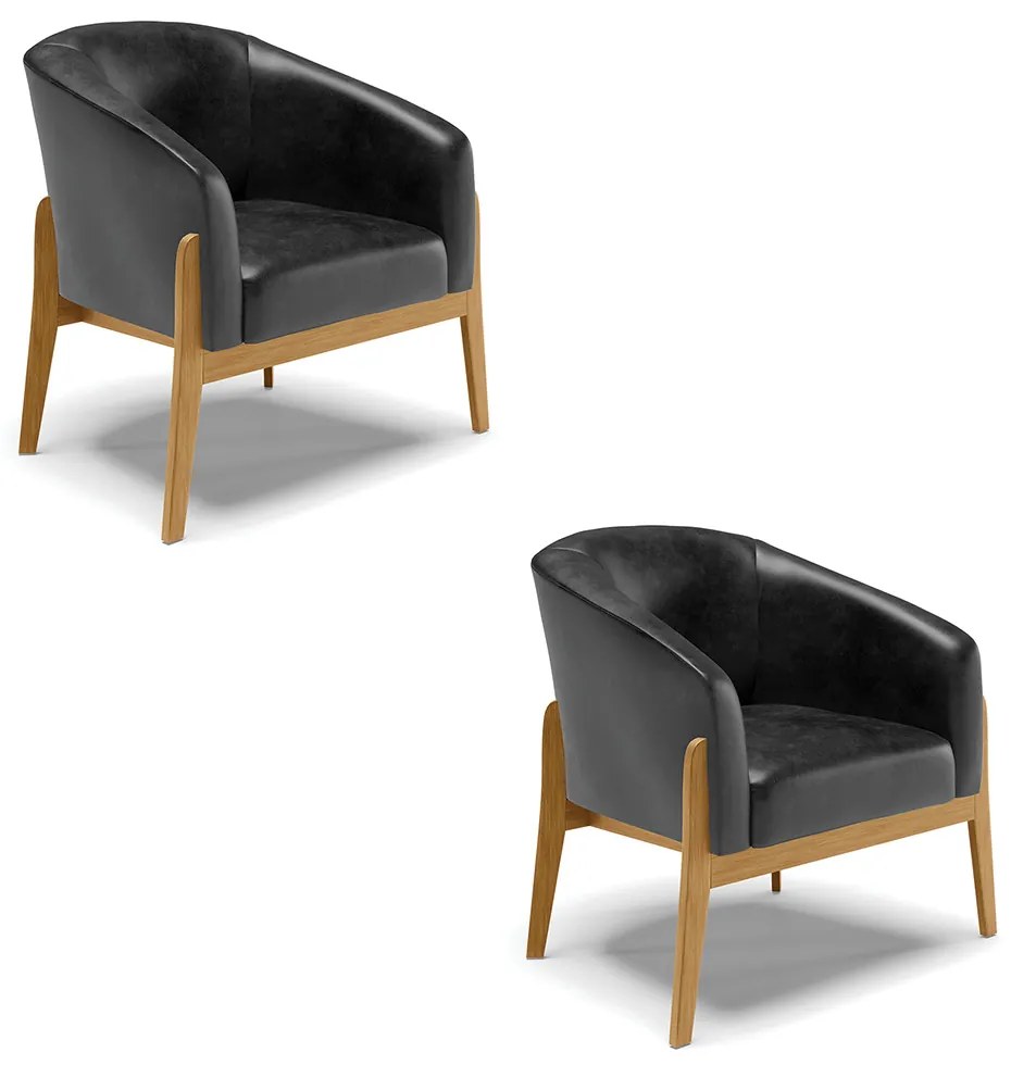 Poltrona Decorativa Base de Madeira kit 2 Stella Sintético PU D03 - D'Rossi - Preto