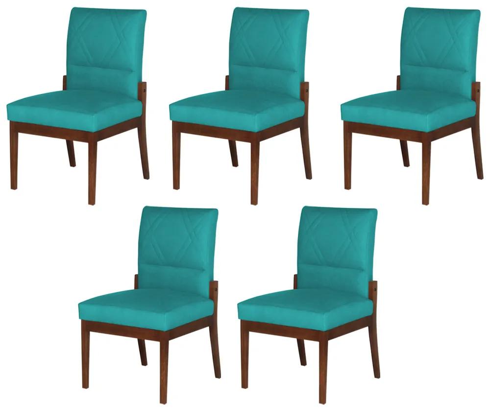 Conjunto 5 Cadeiras De Jantar Aurora Base Madeira Maciça Estofada Suede Azul Tiffany