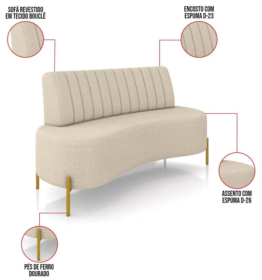 Sofá 2 Lugares Living 135cm Pé Ferro Dourado Maraú Bouclê K01 - D'Rossi - Creme