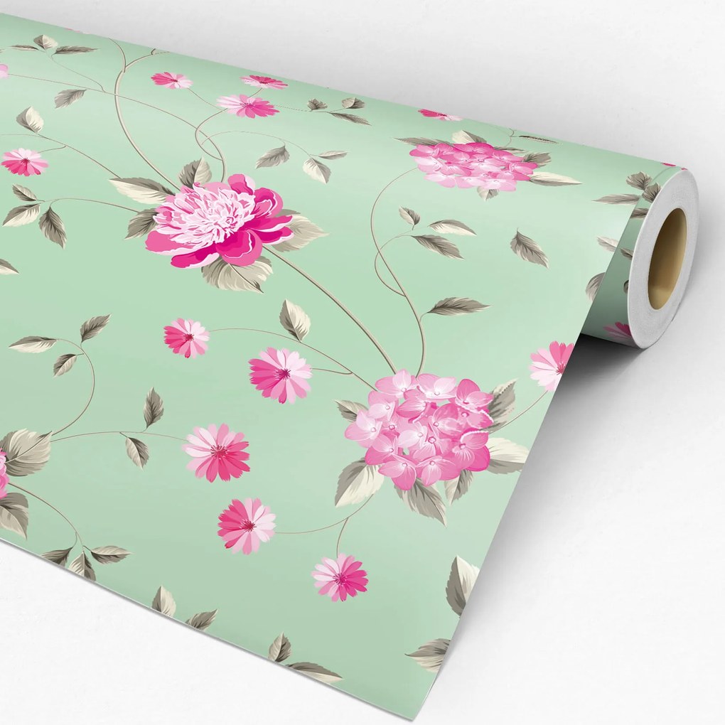 Papel de Parede Floral Verde e Rosa 0.52m x 3.00m