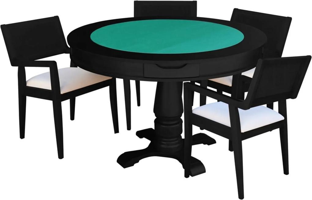 Mesa de Jogos Carteado Victoria Redonda Tampo Reversível Preto com 4 Cadeiras Megan Linho Bege - Gran Belo