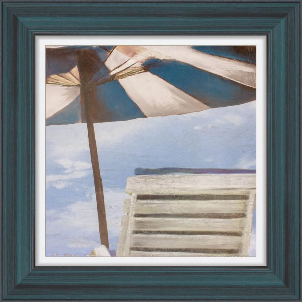 Quadro Decorativo Praia Guarda Sol Azul E Branco Cadeira 40x40cm