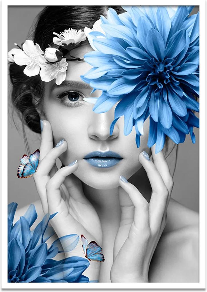 Quadro 60x90cm Judith Mulher com Flor Azul Nórdico Moldura Branca Sem Vidro