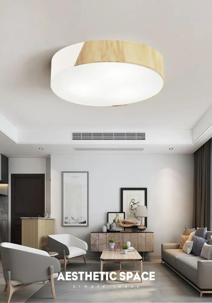 Plafon Luminária de teto decorativa para casa, Md-3076 nórdicas em tecido e madeira 3 lâmpadas com difusor em poliestireno - Branca