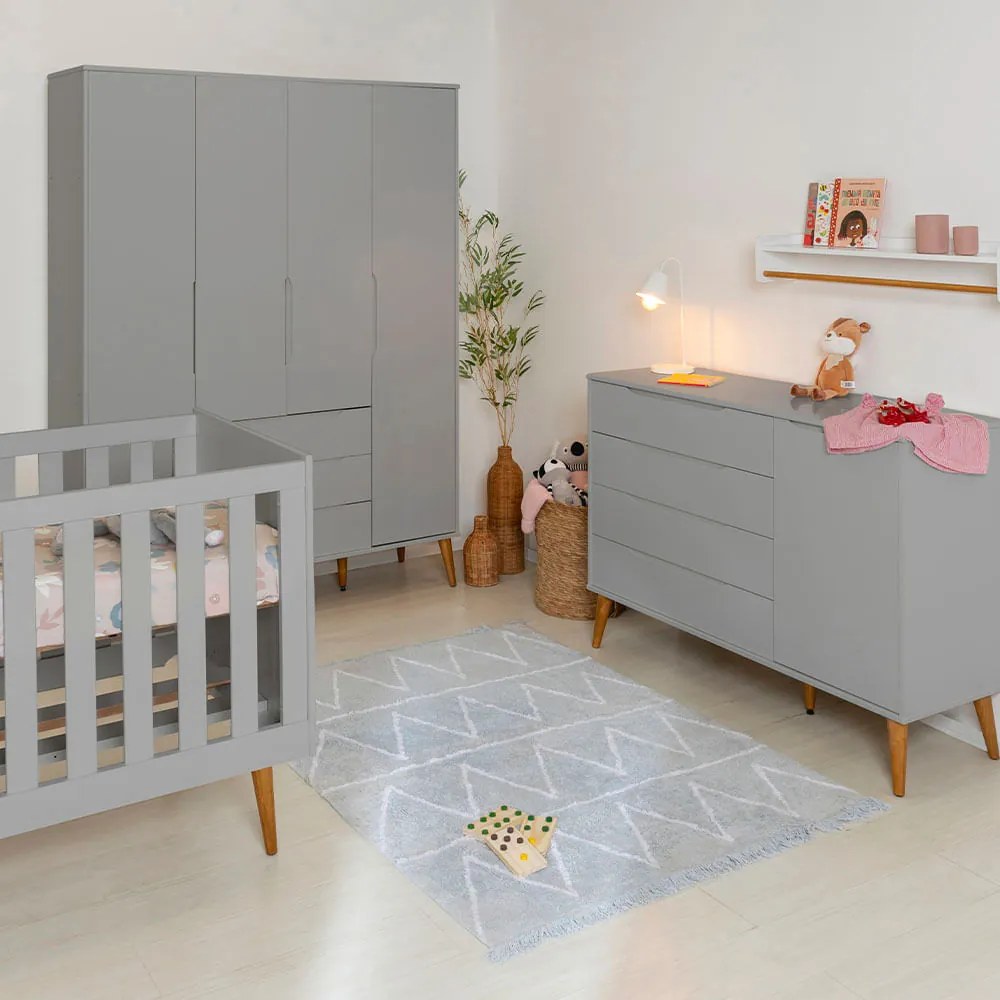 Kit Quarto Infantil Elfe Cinza Fosco Cômoda 4 Gavetas e 1 Porta + Guarda-Roupa + Berço Noah com Pés Retrô Madeira