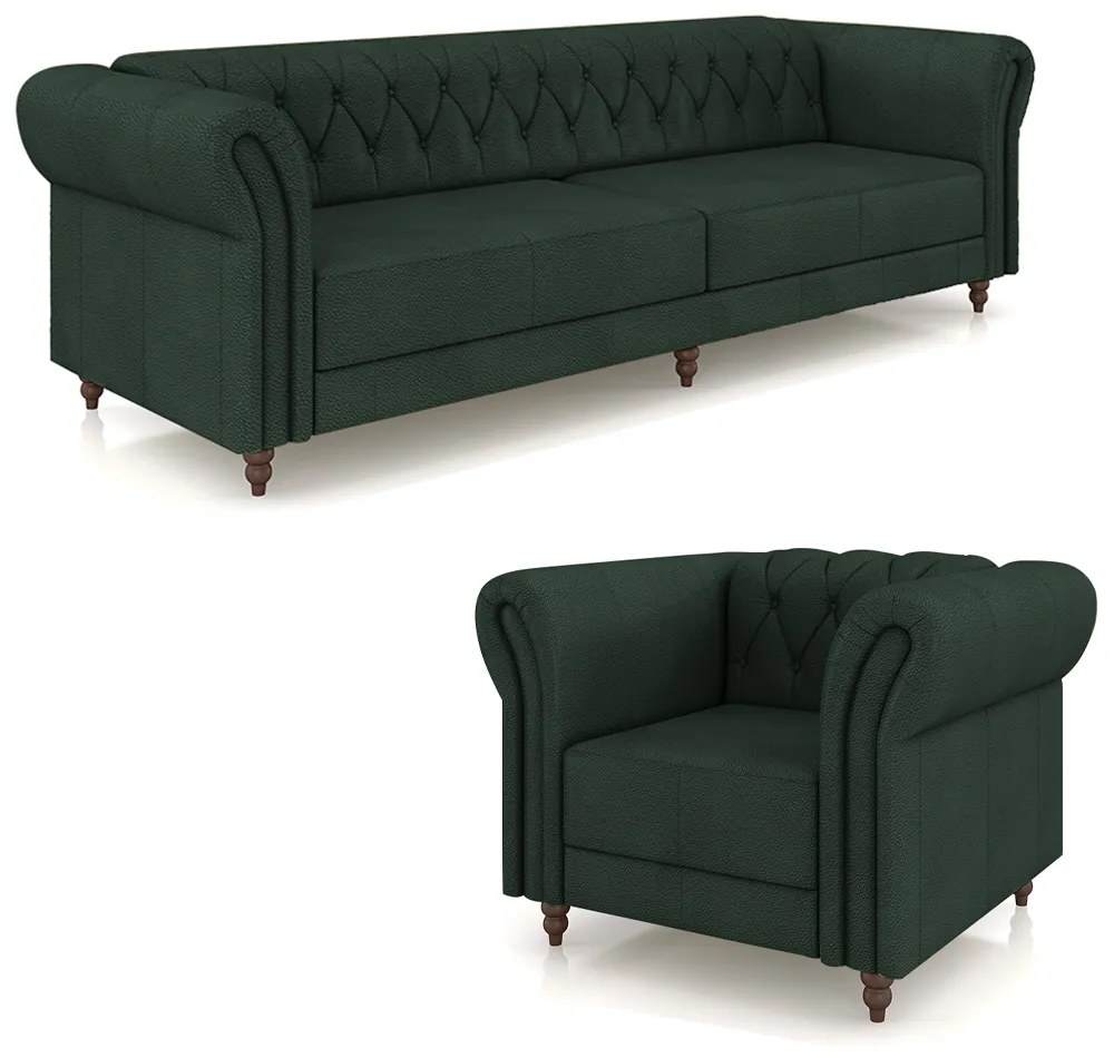 Conjunto Sala de Estar 1 Sofá Living 260cm e 1 Poltrona Stanford Chesterfield Pés Madeira Couro Verde G58 - Gran Belo