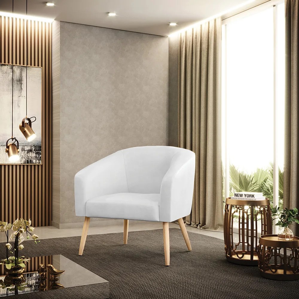Poltrona Decorativa Pé Palito Natural kit 2 Stella Sintético PU Branco D03 - D'Rossi