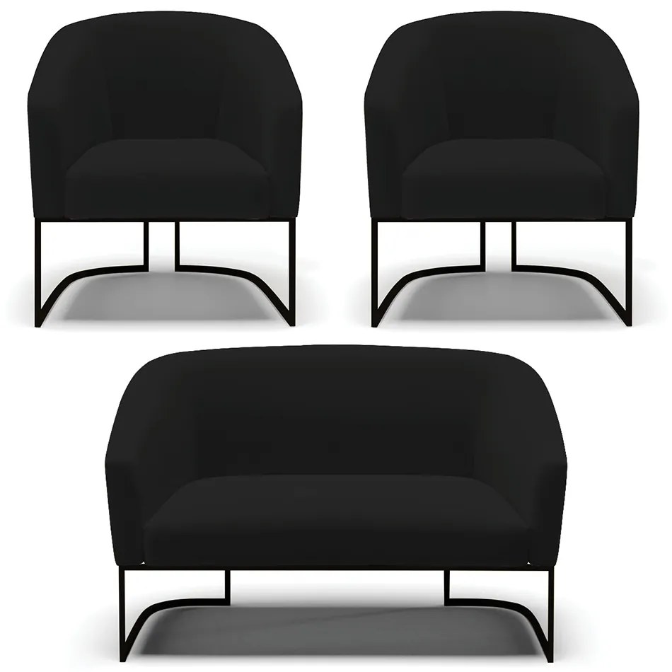 Namoradeira e 2 Poltronas Industrial Preto Stella Linho Preto D03 - D'Rossi
