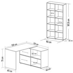 Mesa Escrivaninha em L Link e Estante Livreiro 90x187cm Lean A06 Branc