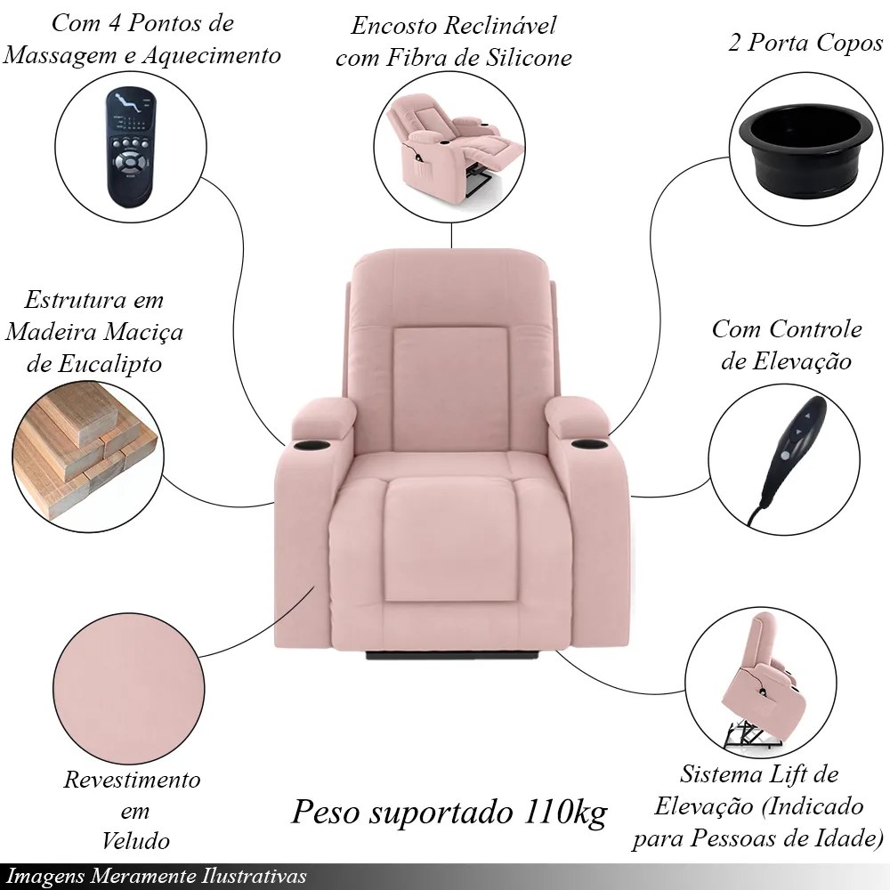 Poltrona do Papai Reclinável Sala de Cinema Crihs LIFT com Massagem e Aquecimento Veludo Rosê G23 - Gran Belo