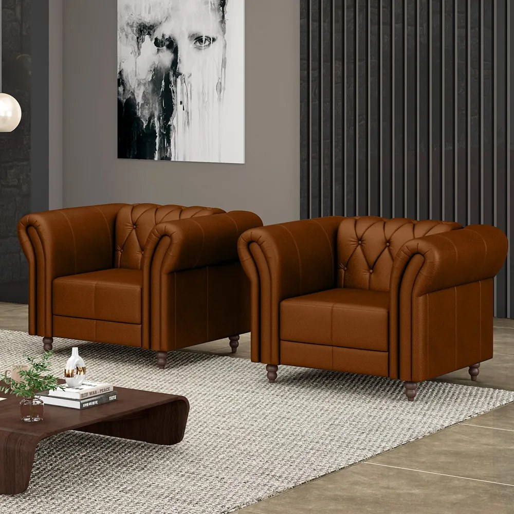 Kit 2 Poltronas Decorativas Sala de Estar Stanford Chesterfield Pés de Madeira Couro Caramelo G58 - Gran Belo