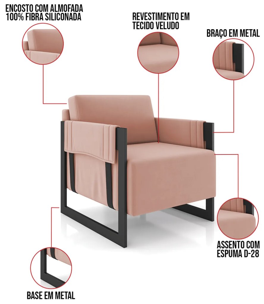 Poltrona Decorativa Base Industrial kit 2 Rory Veludo Rosê K01 - D'Rossi