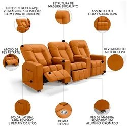 Poltrona Reclinável Para Cinema 3 Lugares Praddo FH9 PU Whisky - Mpoze