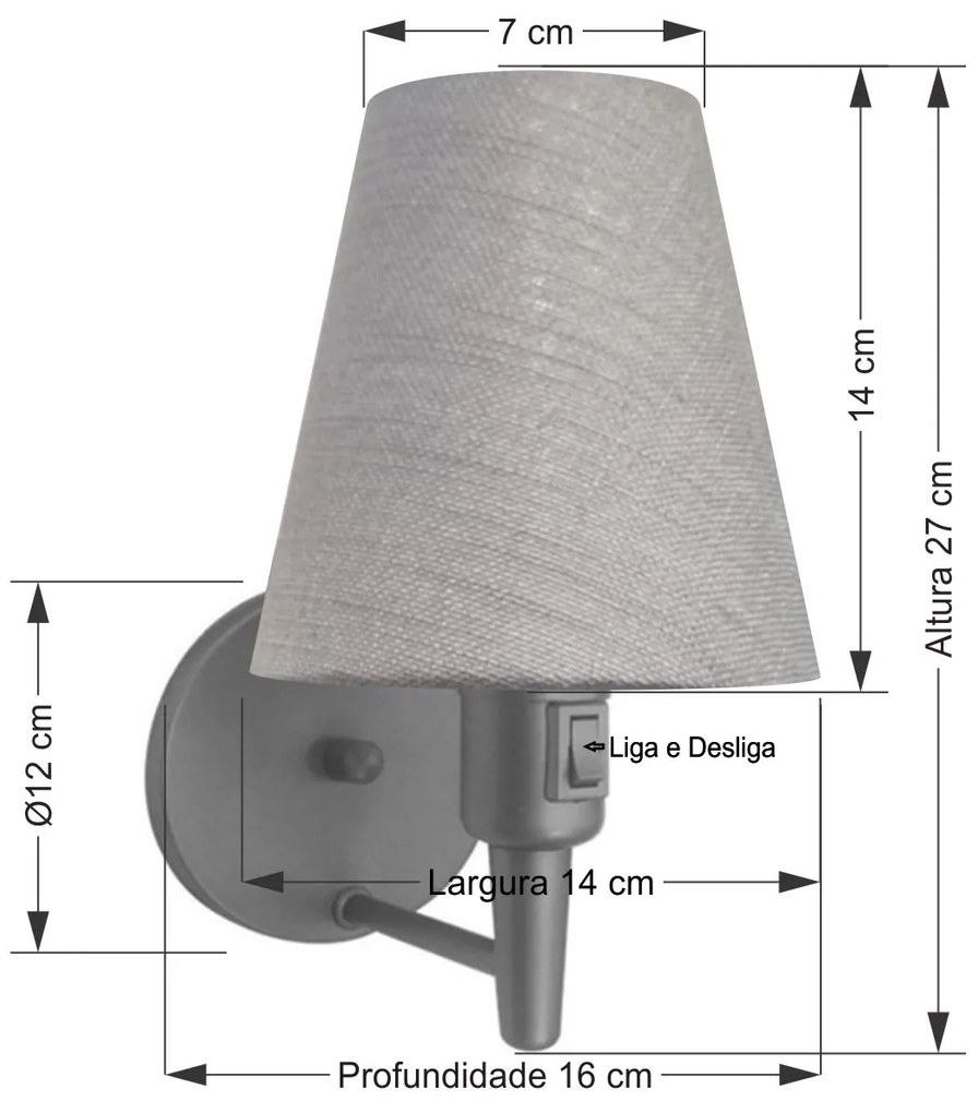 Arandela de Parede Vivare Md-2013 Cinza Com Interruptor Liga e Desliga Cúpula em Tecido - Bivolt