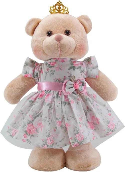 Ursa Soft Pequena em Pé Vestido Floral Faixa Rosa com Coroa