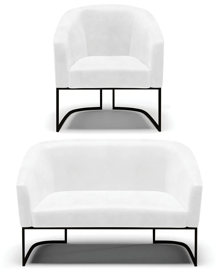 Sofá Namoradeira e Poltrona Base Industrial Preto Stella Sintético PU Branco D03 - D'Rossi