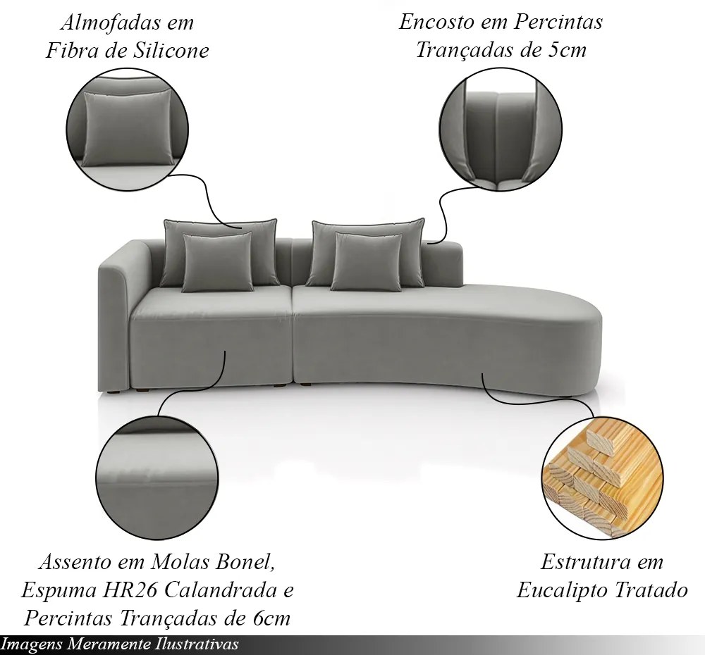 Sofá Curvo Decorativo Kimiko 307Cm 5 Lugares Sala de Estar com Chaise Veludo Cinza G52 - Gran Belo