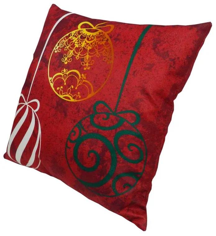 Capa de Almofada Natalina de Suede em Tons Vermelho 45x45cm - Bolas Coloridas - Com Enchimento