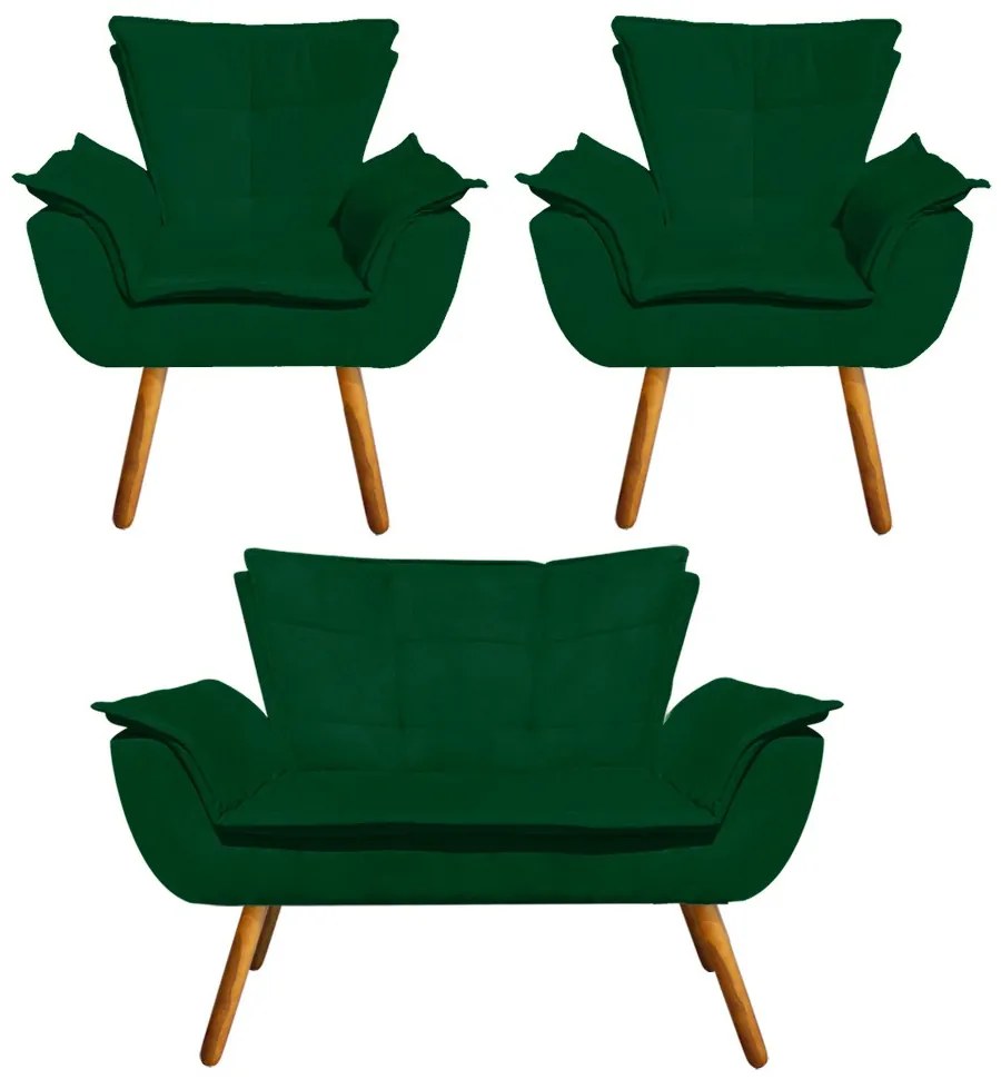 Namoradeira e 2 Poltronas Pé Palito Castanho Opala Suede Verde D03 - D'Rossi