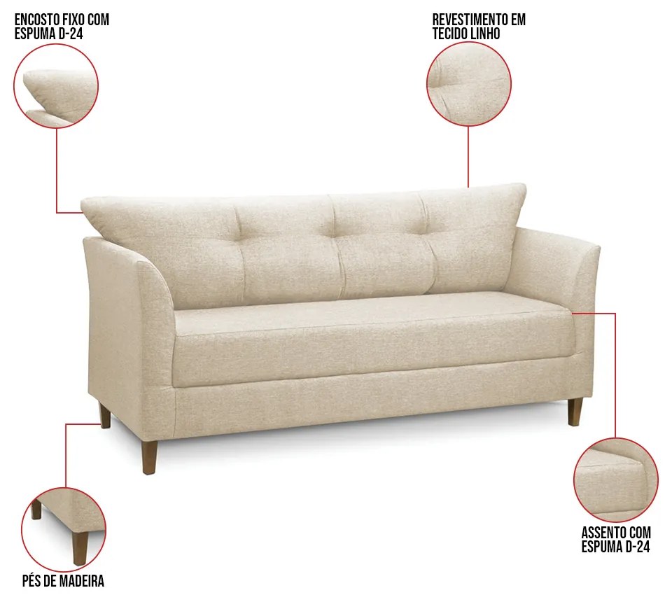 Sofá 3 Lugares Living para Sala Leblon 180cm Linho Bege E03 - D'Rossi